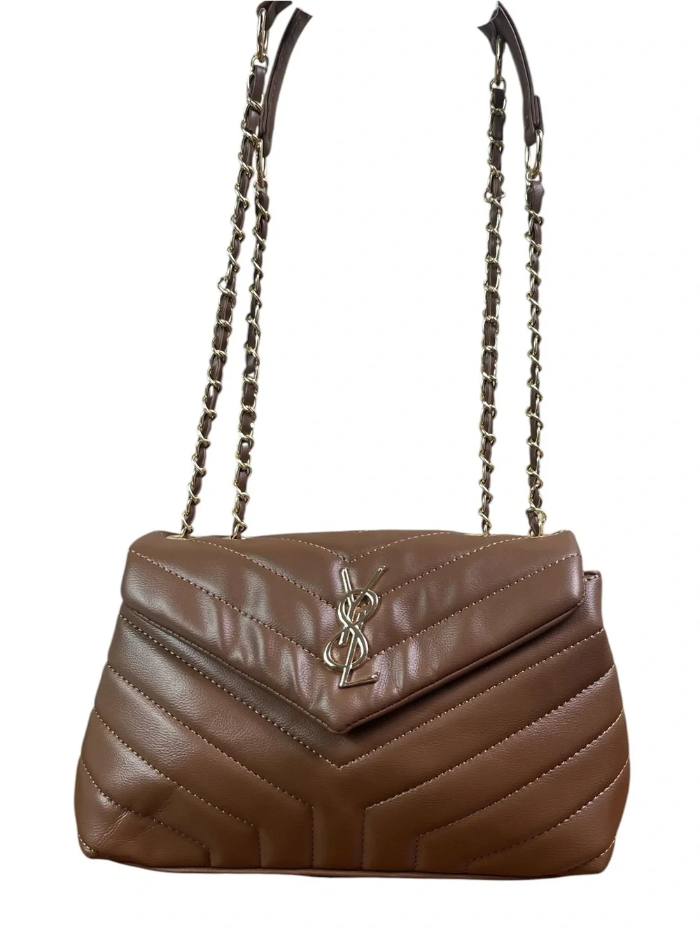 Brown Chevron Quilted Shoulder Bag Gold Chain